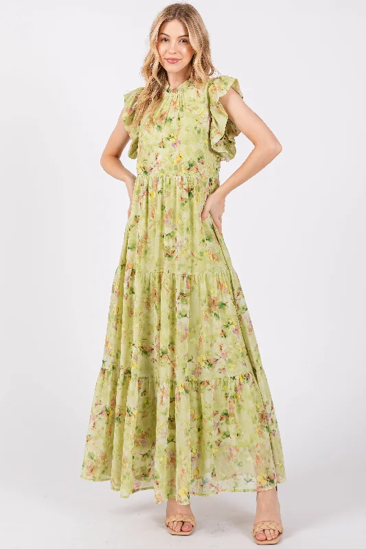 Act Fast denim dressLime Floral Chiffon Ruffle Shoulder Tiered Maxi Dress