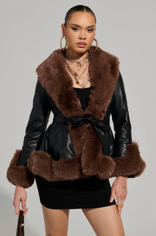 Mega Sale long coatKENZY FUR TRIM PEPLUM MOTO IN BLACK BROWN
