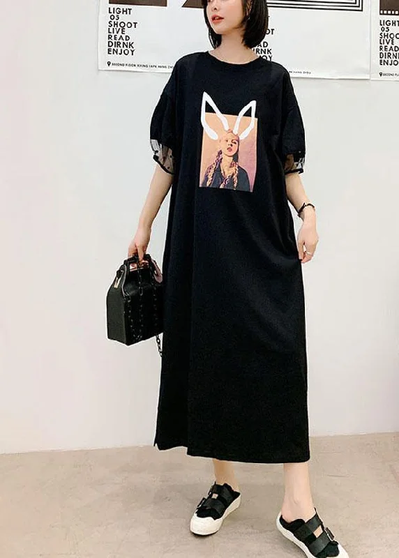 Flash Deals luxury dressUnique Black O-Neck Puff Sleeve Summer Character Long Dress