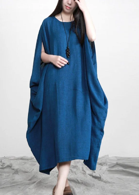 Bargain Prices one-shoulder dressStylish Blue Batwing Sleeve O Neck Linen Dresses
