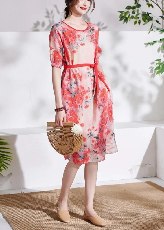 Closeout Sale casual midi dressRed tie waist Patchwork Print Summer Ramie Dresses Short Sleeve