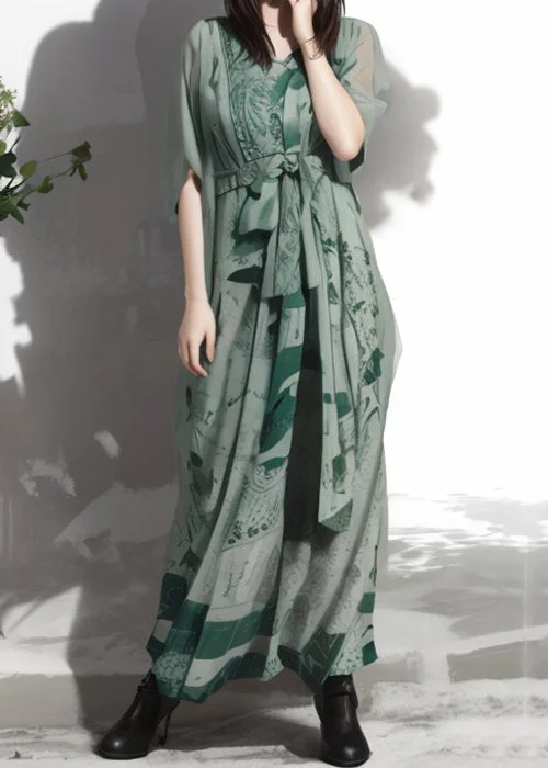 party dressNew Green V Neck Print Silk Maxi Dresses Summer