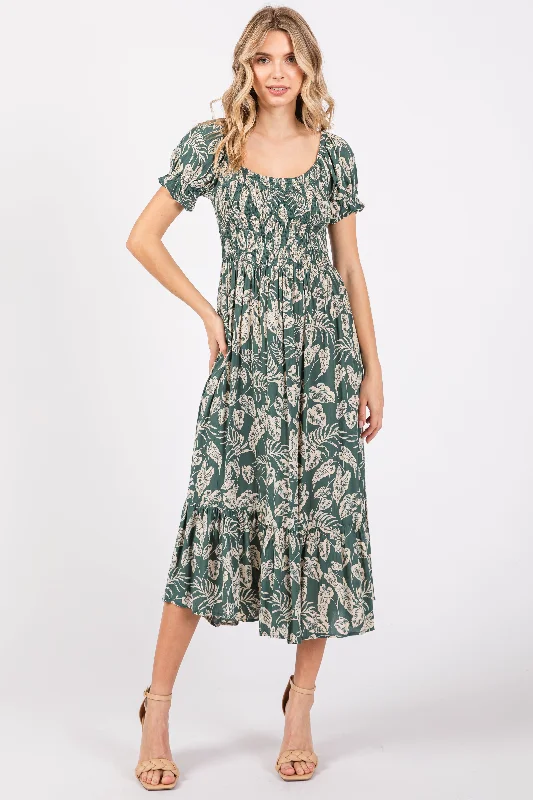 While Supplies Last trendy mini dressTeal Floral Smocked Short Puff Sleeve Midi Dress While Supplies Last trendy mini dressTeal Floral Smocked Short Puff Sleeve Midi Dress