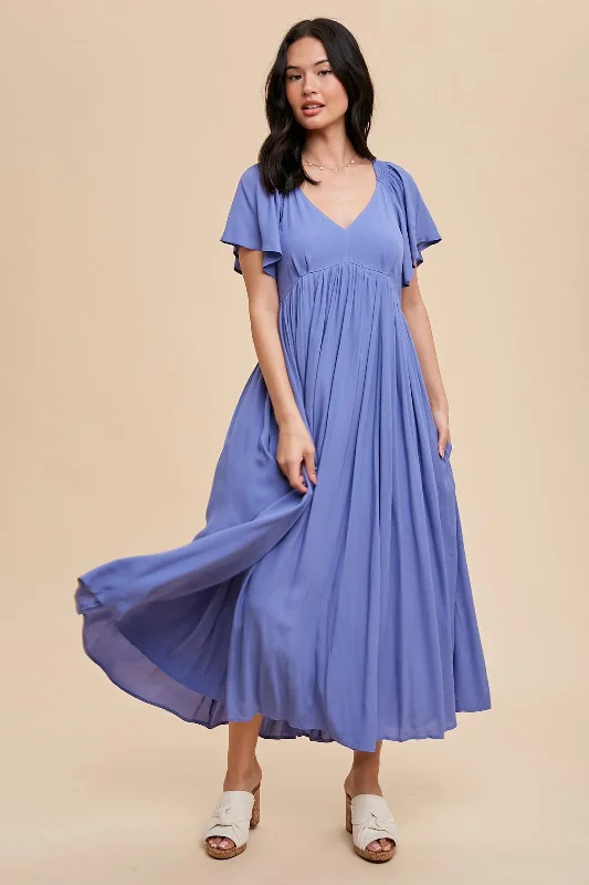 Big Savings sophisticated dressBlue V-Neck Flutter Short Sleeve Midi Dress