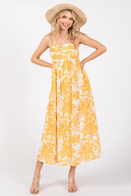 Price Drop evening dressYellow Floral Pleated Front Back Cut-Out Midi Dress