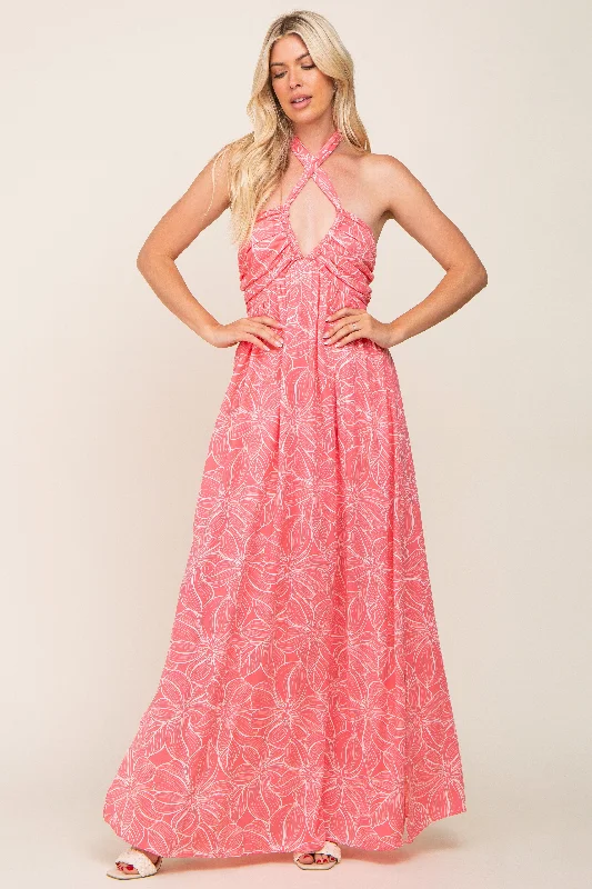 Buy Now romantic dressCoral Floral Halter Neck Maxi Dress
