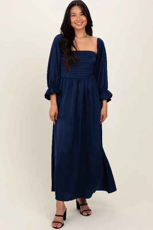 Special Discount evening dressNavy Off Shoulder Satin Pleated Bodice Maxi Dress
