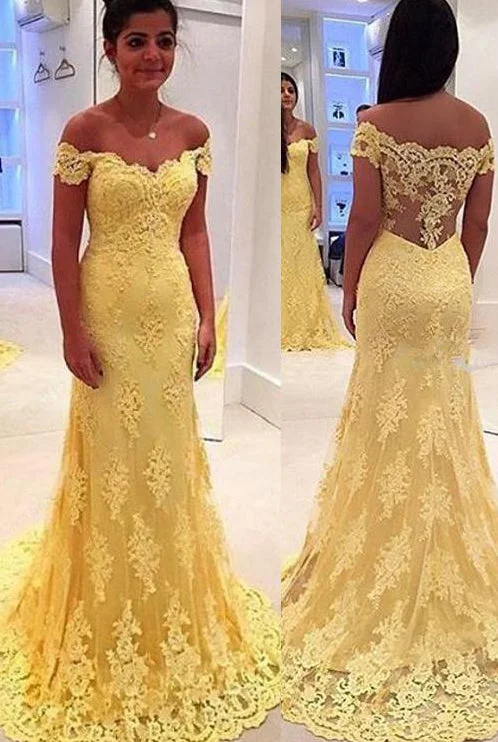 boho-chic dressModern Yellow Lace Appliques Evening Dress 2016 Mermaid Off-the-shoulder