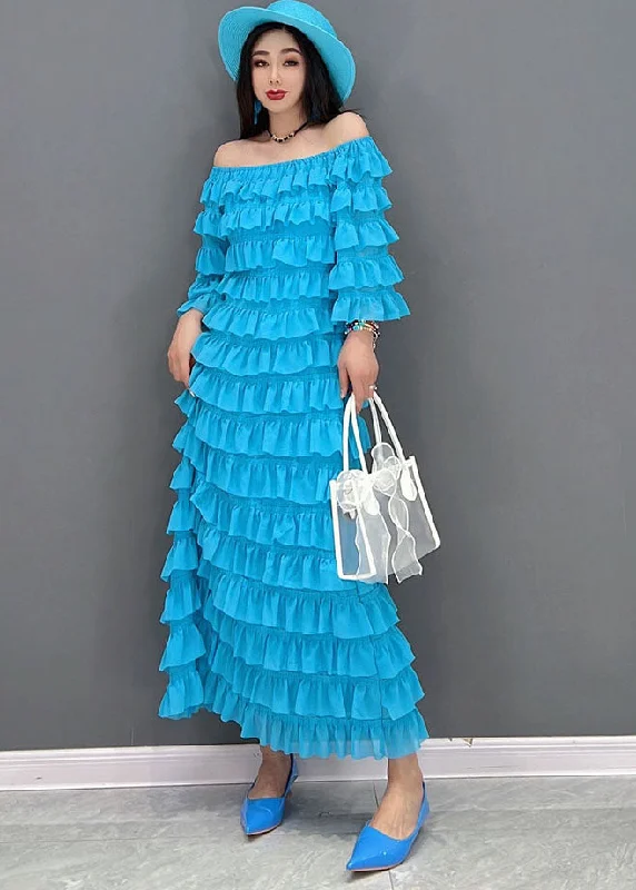 Warehouse Sale stylish party dressFashion Blue Slash Neck Layered Ruffles Tulle Long Dresses Half Sleeve Warehouse Sale stylish party dressFashion Blue Slash Neck Layered Ruffles Tulle Long Dresses Half Sleeve