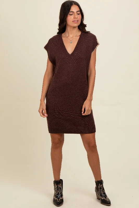 Loyalty Reward summer dressBrown Contrast Stitch V-Neck Mini Sweater Dress
