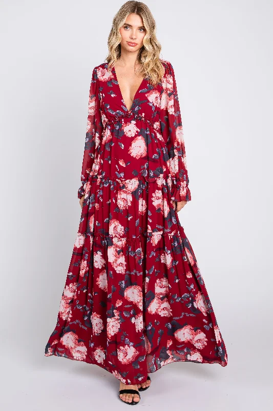 Discount Days pleated maxi dressBurgundy Floral Chiffon V-Neck Lettuce Edge Tiered Maxi Dress