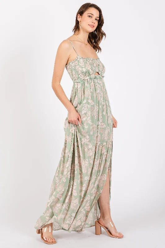 Instant Savings shift dressLight Olive Floral Sweetheart Smocked Front Cutout Maxi Dress Instant Savings shift dressLight Olive Floral Sweetheart Smocked Front Cutout Maxi Dress