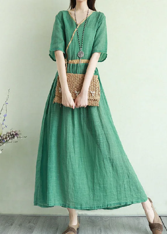 Deal Dash floral dressBohemian Green Tie Waist V Neck Patchwork Linen Dresses Half Sleeve