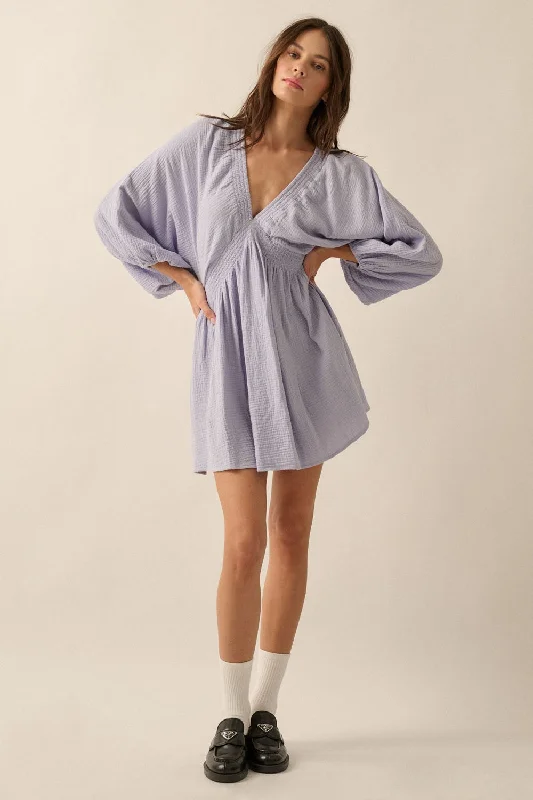 Exclusive Savings trendy dressViolet Blue Crinkle Cotton V-Neck Dolman-Sleeve Mini Dress Exclusive Savings trendy dressViolet Blue Crinkle Cotton V-Neck Dolman-Sleeve Mini Dress