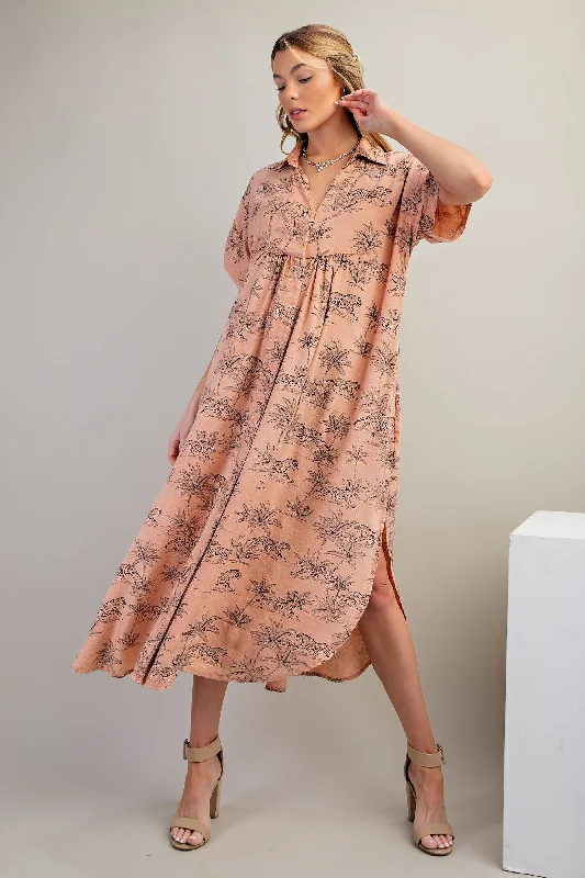 Clearance Sale trendy bodycon dressPeach Tiger Print Button Front Rounded Hem Midi Dress Clearance Sale trendy bodycon dressPeach Tiger Print Button Front Rounded Hem Midi Dress