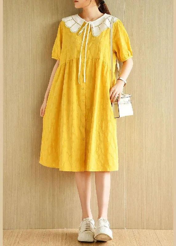 Deal of the Day velvet dressWomen Yellow Button Patchwork Summer Cotton Short Sleeve Dress