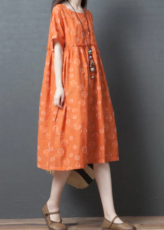 draped dressFrench Orange Dot Print Maxi Dress Short Sleeve