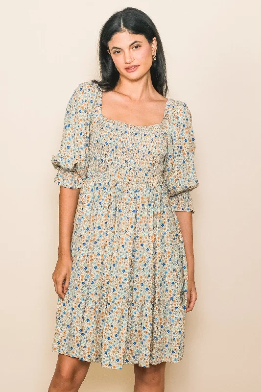Huge Savings A-line dressTaupe Floral Smocked Dress
