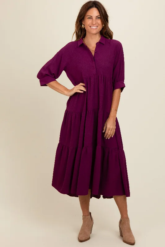 Super Bargain high-waisted dressMagenta Collared Button Up Tiered Midi Dress