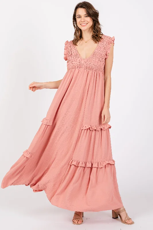 Bargain Blast trendy mini dressMauve Smocked Ruffle V-Neck Maxi Dress