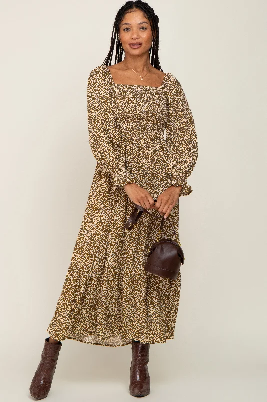 Super Bargain chic dressMocha Leopard Print Square Neck Smocked Midi Dress