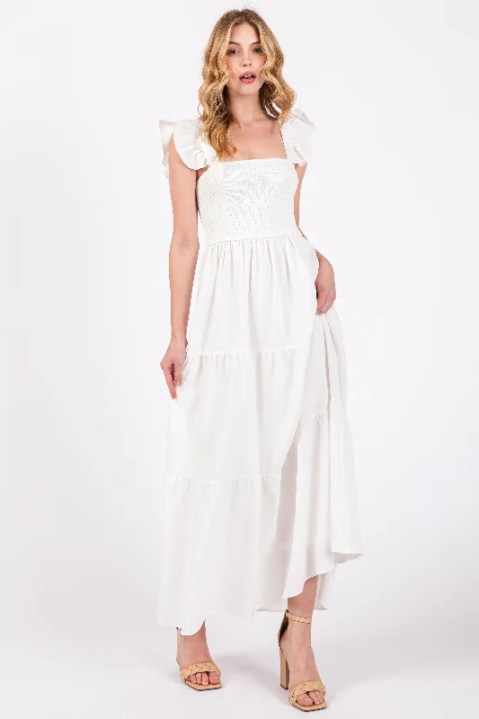 Stock Clearance satin dressCream Sleeveless Smocked Tiered Maxi Dress