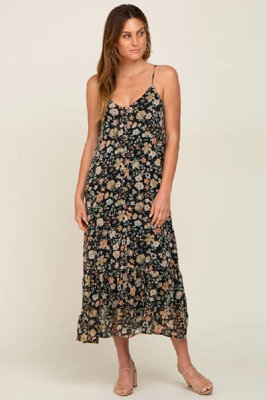 The Best Prices playful dressBlack Floral Swiss Dot Back Tie Midi Dress