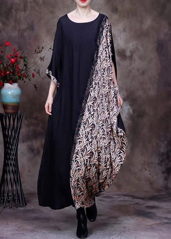 satin midi dressFrench Black O Neck Print Patchwork Silk Long Dresses Half Sleeve