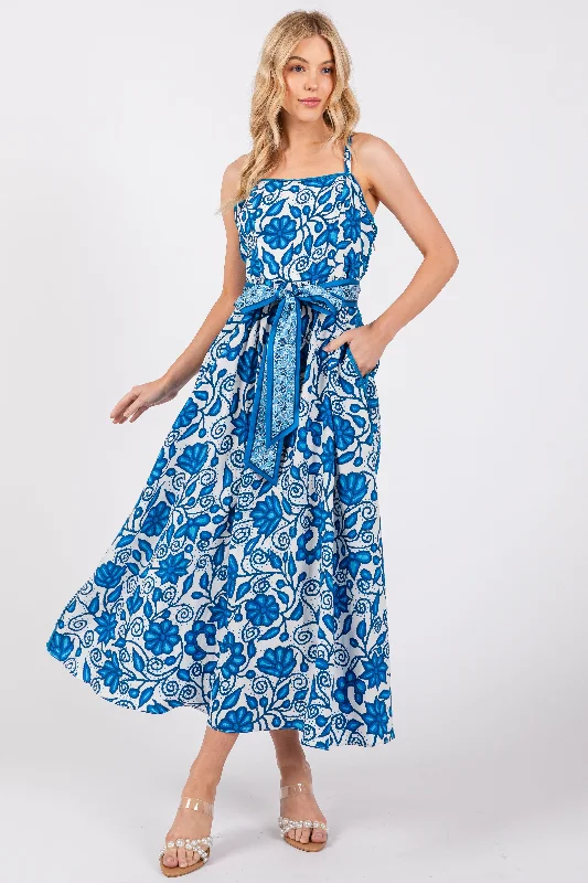 Don't Wait winter dressBlue Floral Crochet Accent Waist Tie Dress
