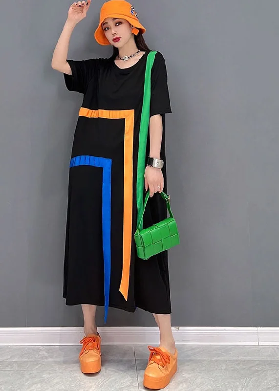 Super Sale draped dressStylish Black O-Neck Rainbow Applique Cotton Lengthen Dress Short Sleeve Super Sale draped dressStylish Black O-Neck Rainbow Applique Cotton Lengthen Dress Short Sleeve