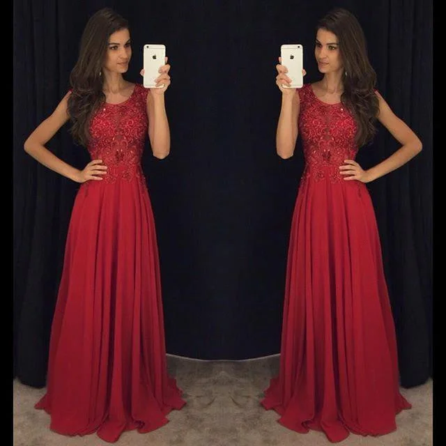 statement dressFit and Flare Sleeveless Red Evening Dresses 2016 Lace Appliques Chiffon