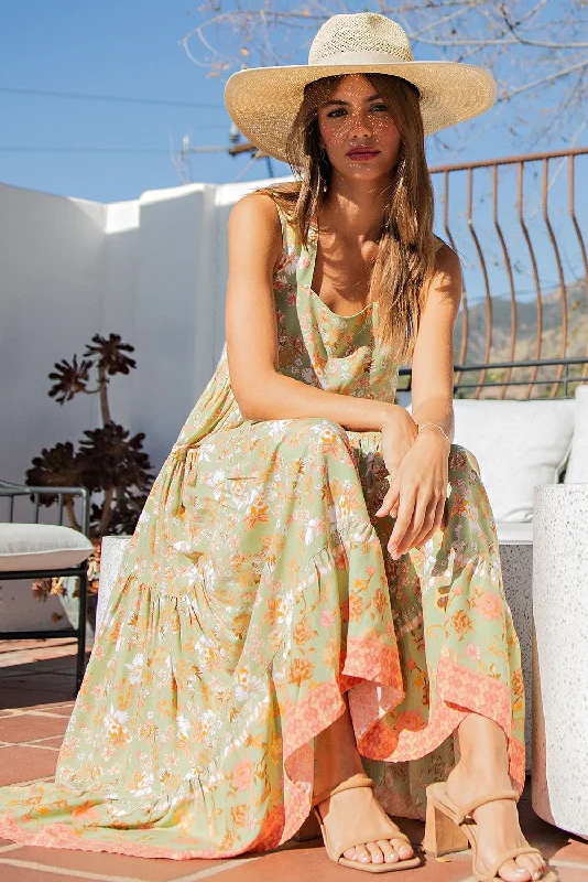 Limited Edition romantic dressLight Olive Floral Sleeveless Tiered Midi Dress