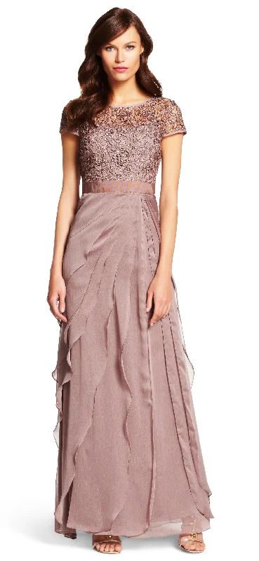 structured dressAdrianna Papell Flutter Chiffon Cap Sleeve Gown - Buff