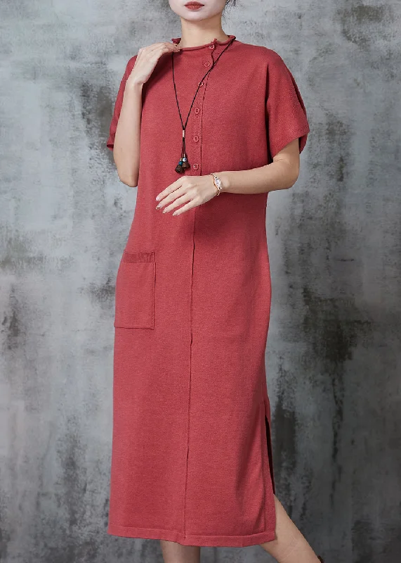 casual midi dressStyle Brick Red Side Open Silm Fit Knit Dress Summer