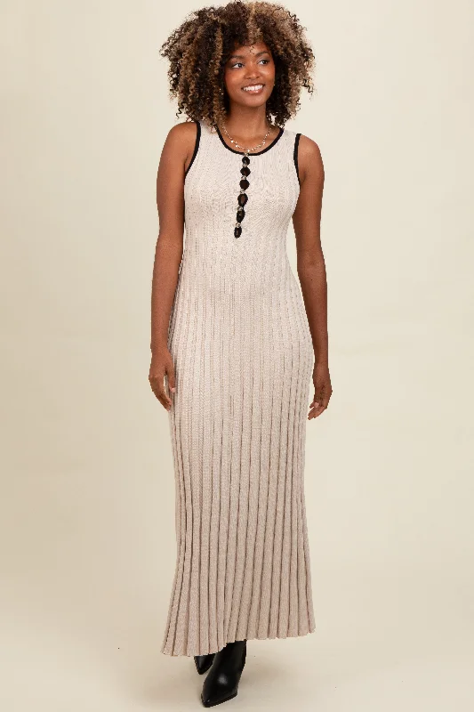 Flash Sale layered dressBeige Ribbed Knit Button Detail Sleeveless Maxi Dress
