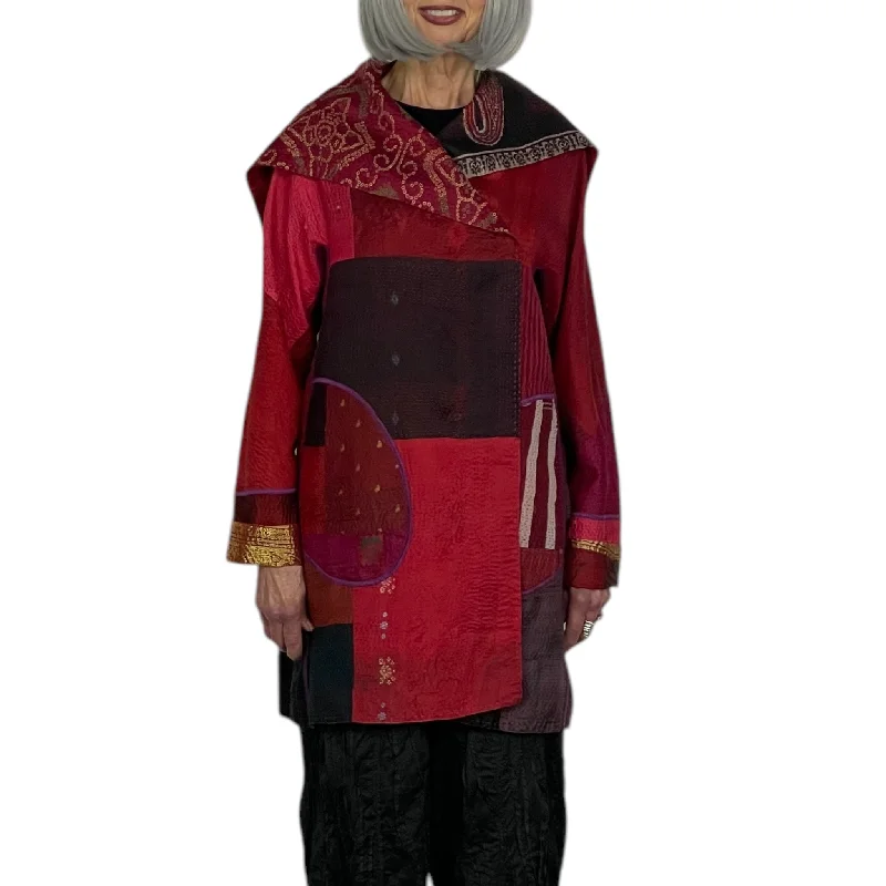 windproof jacketVINTAGE SILK KANTHA PATCH A-LINE COAT