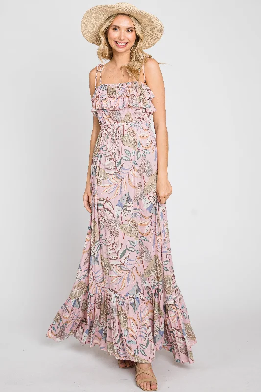 Year-End Sale wrap dressPink Floral Ruffle Top Back Cutout Maxi Dress