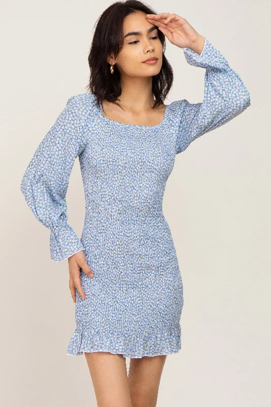 Price Rollback cocktail party dressLight Blue Ditsy Floral Smocked Long Sleeve Mini Dress