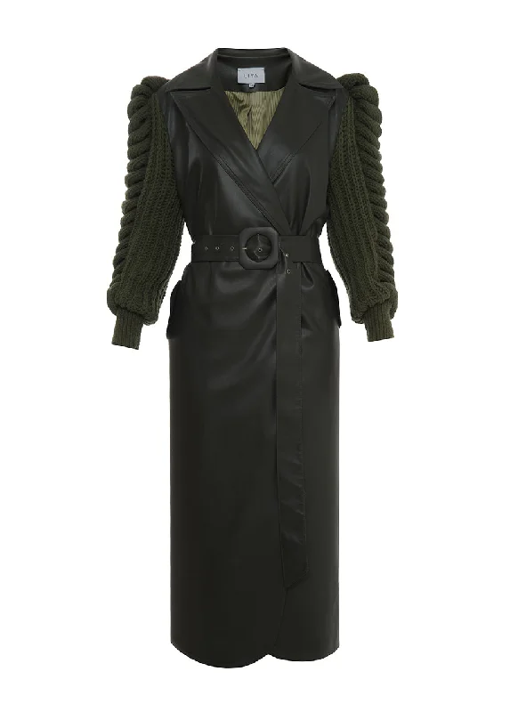 Take Advantage sleek and warm coatFAUX LEATHER COAT WITH KNITTED SLEEVES