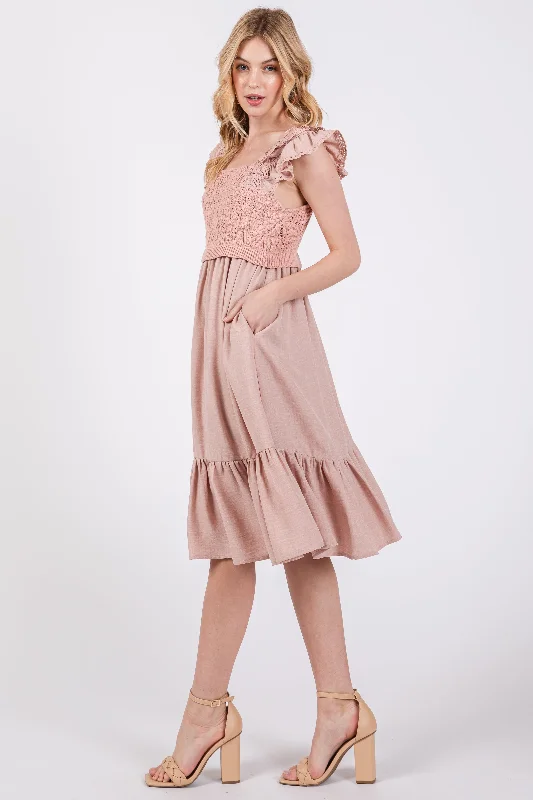 Get It Before It’s Gone ruffle dressMauve Crochet Knit Knee Length Dress