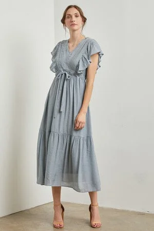 Year-End Sale long-sleeve floral dressLight Blue Cuffed Sleeve Front Tie Maxi Dress