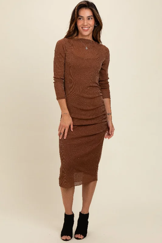 Super Deal winter dressBrown Shimmer Mesh Long Sleeve Ruched Midi Dress