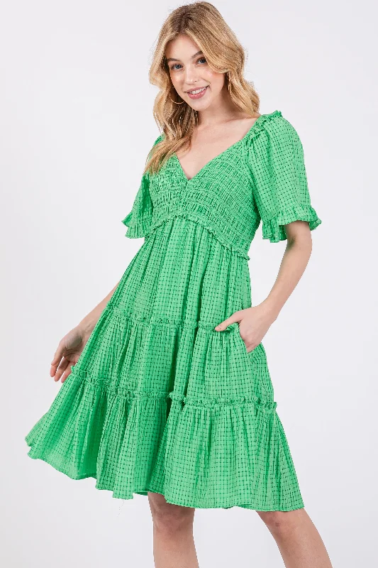 Weekend Deal ruffle dressGreen Smocked V-Neck Ruffle Short Sleeve Tiered Dress