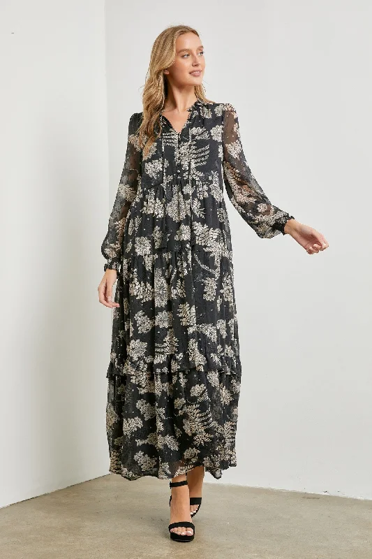 Deal Alert winter dressBlack Floral Front Button Tiered Maxi Dress