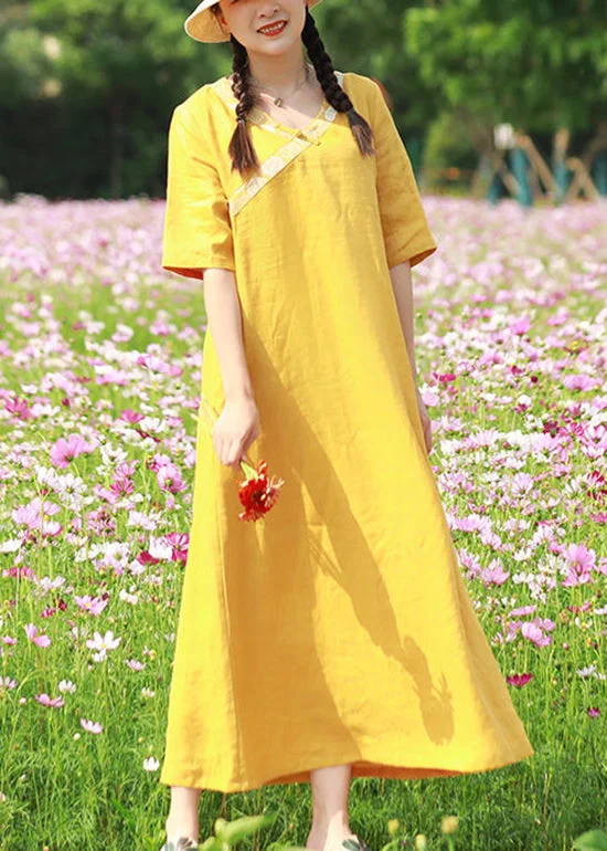 Reduced Prices vintage dressVintage Yellow Embroideried V Neck Linen Vacation Dresses Short Sleeve Reduced Prices vintage dressVintage Yellow Embroideried V Neck Linen Vacation Dresses Short Sleeve