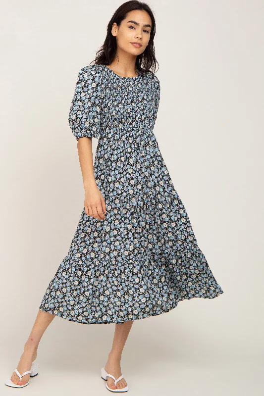 Limited Availability lace dressBlack Floral Smocked Tiered Midi Dress