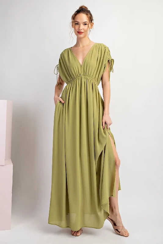 Midnight Madness puff sleeve dressLight Olive V-Neck Drawstring Short Sleeve Side Slit Maxi Dress