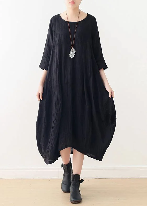 Weekend Deal form-fitting dressWomen o neck asymmetric linen dress Wardrobes black Dress