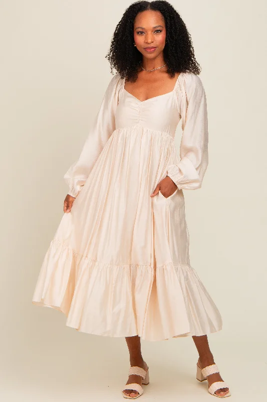 Massive Deals ruched dressBeige Front Ruched Babydoll Midi Dress