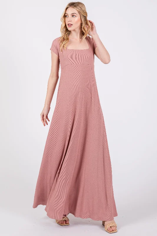 Year-End Clearance satin midi dressMauve Ribbed Square Neck Short Sleeve Maxi Dress
